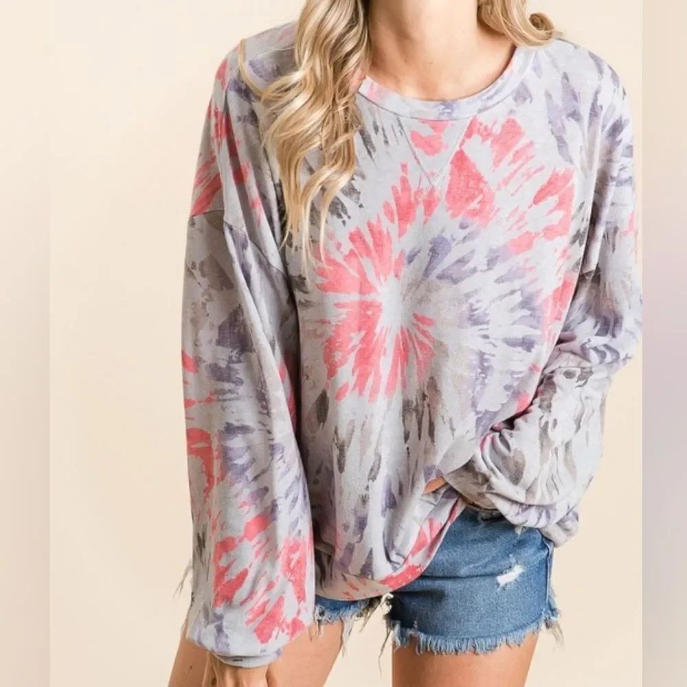 BiBi Tie Dye Print Terry Pull Over Women's Tie-Dye Long Sleeve Top sz S M L